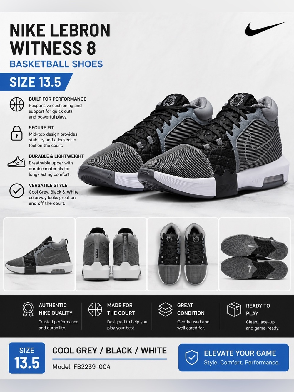 Nike LeBron Witness 8 Basketball Shoes - Cool Grey / Black / White SIZE 13.5